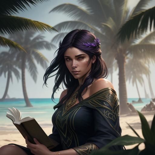 Woman Reading on Beach in Art Nouveau Style