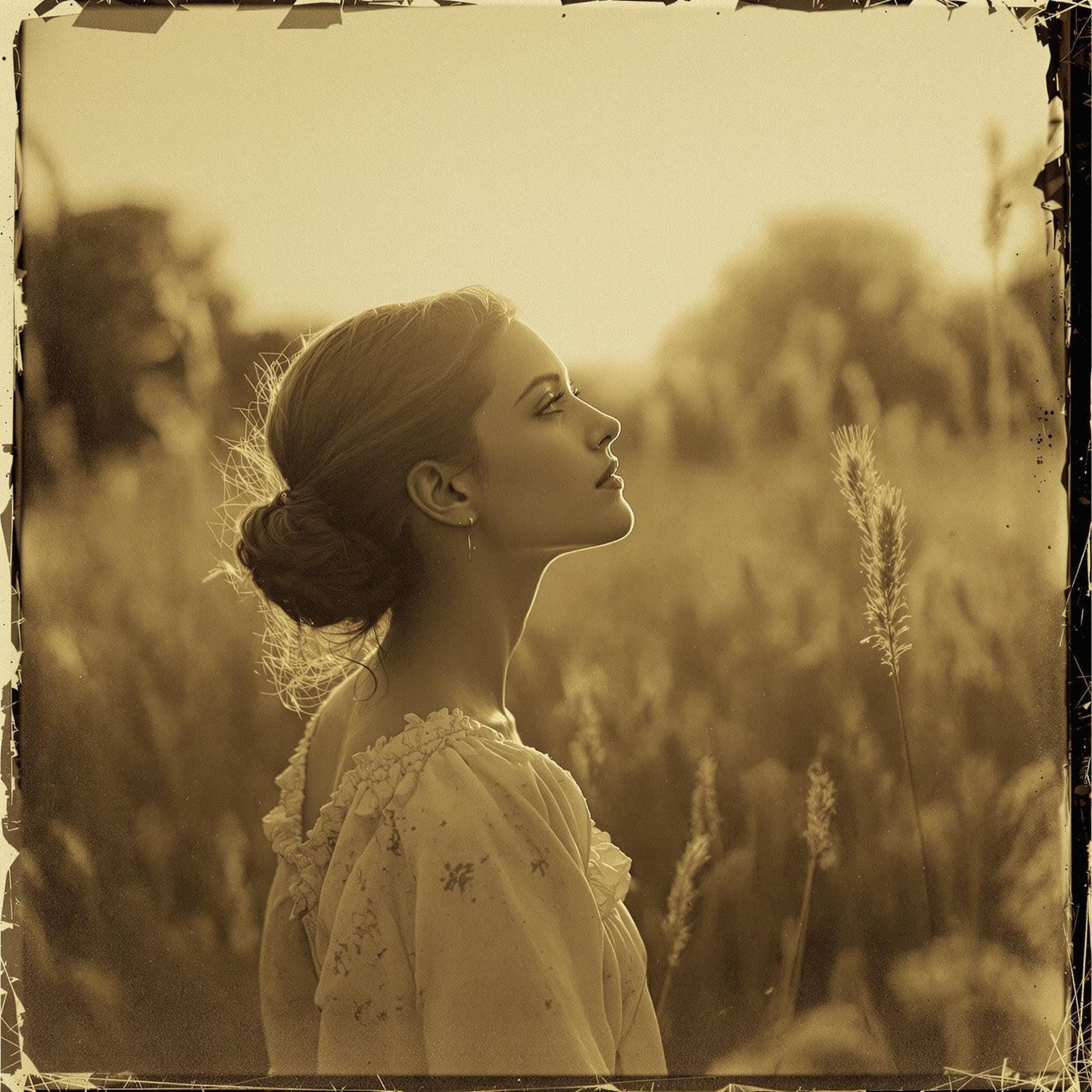 Nostalgic Sepia Portrait of Woman in Field