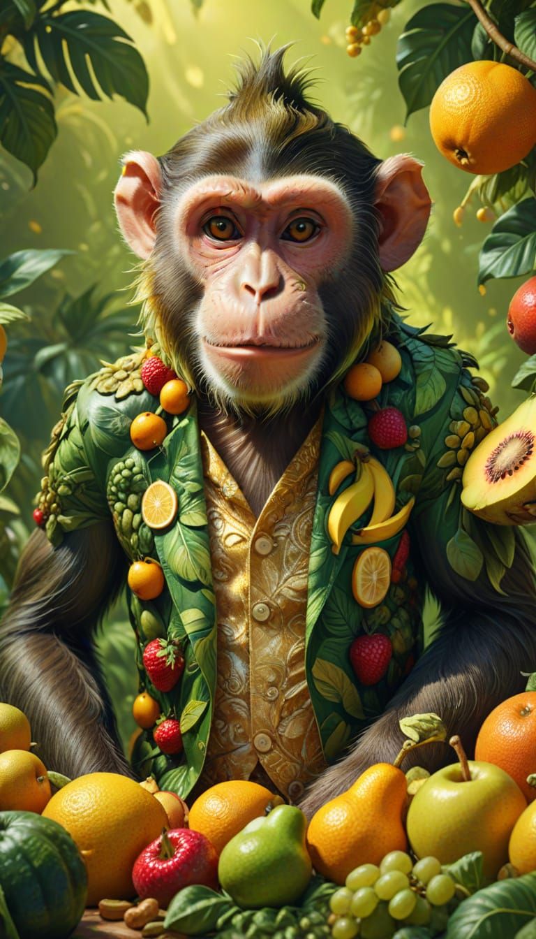 Monkey in Whimsical Fruit Attire