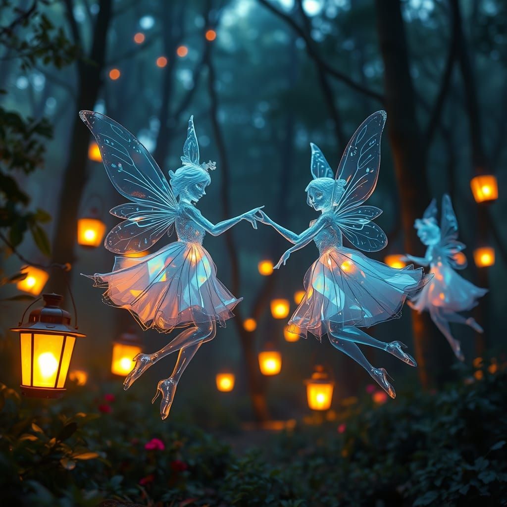 Glass Fairies Dance in Mystical Forest: Hyperrealistic Art
