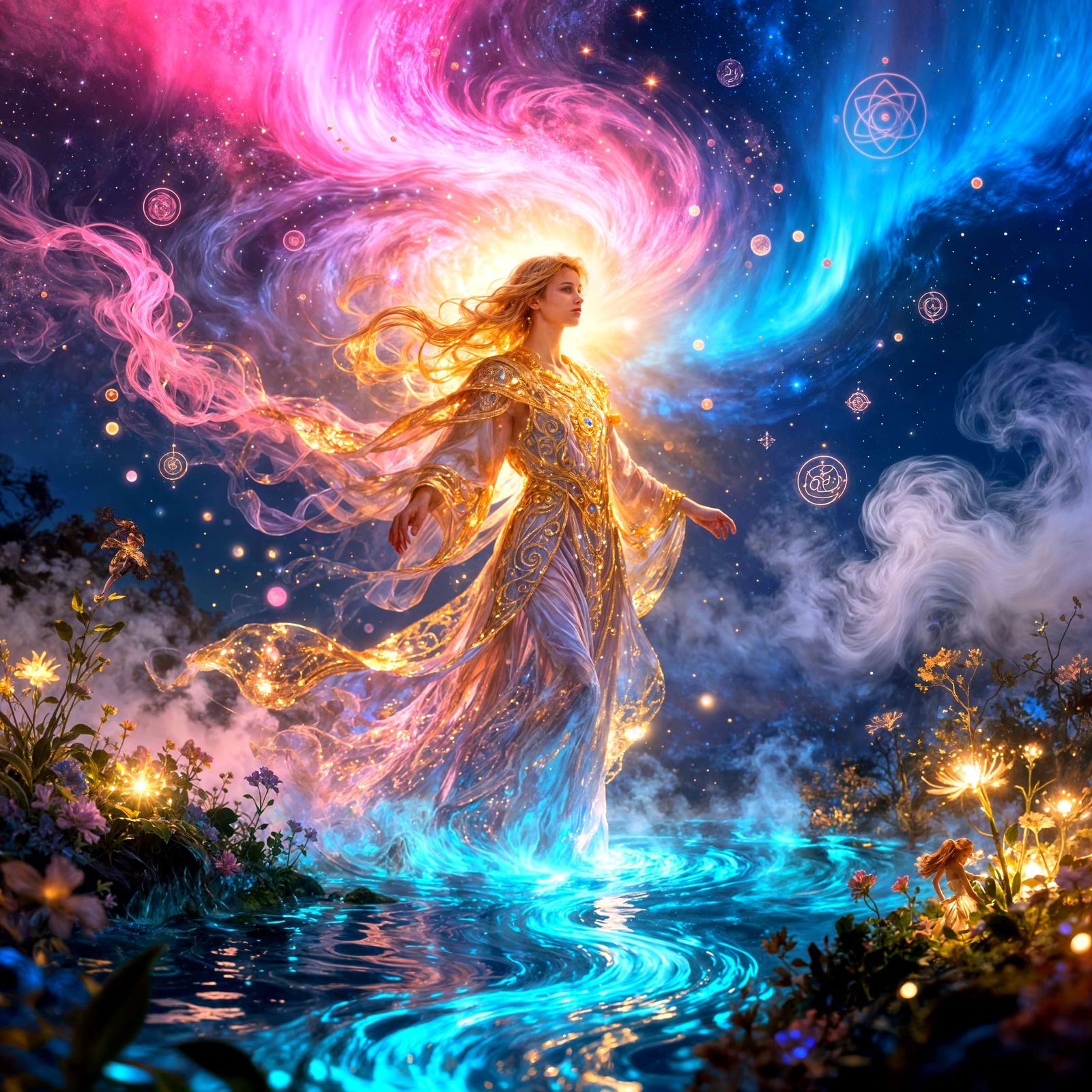 Surreal Dreamscape with Radiant Figure and Auroras