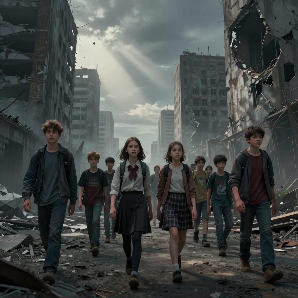 Teens Lead Children Through Post-Apocalyptic Cityscape