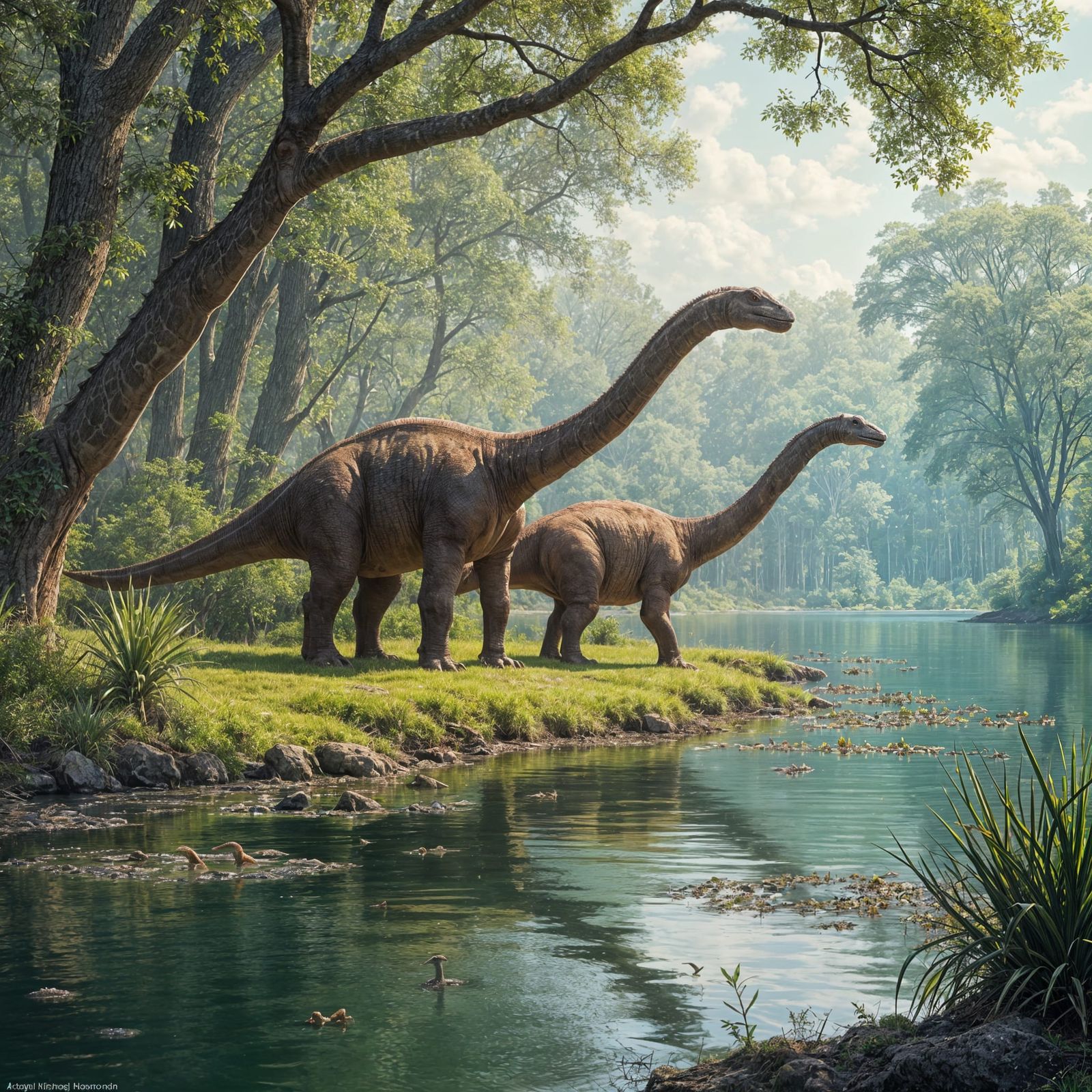 Ancient Long Neck Dinosaurs in a Serene Prehistoric Landscap...