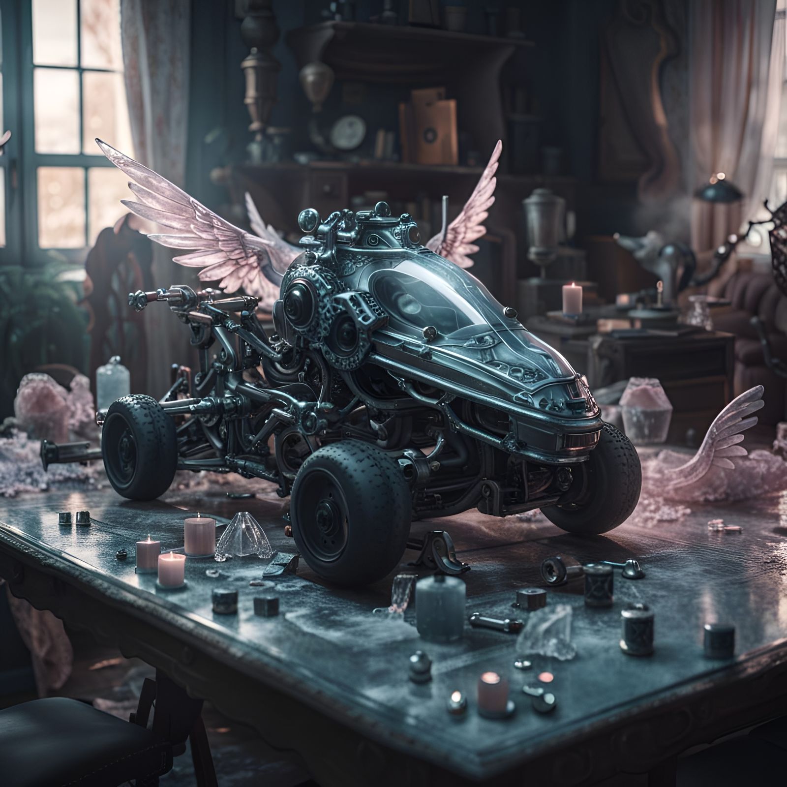 Demonic Winged Racing Car Humanoid in Rococo Crystals