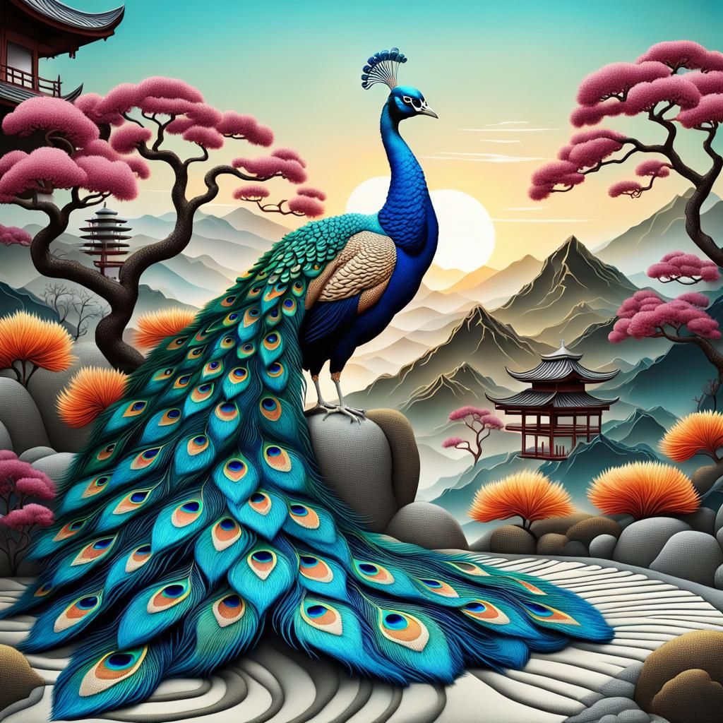 Ethereal Peacock in Zen Garden at Sunrise