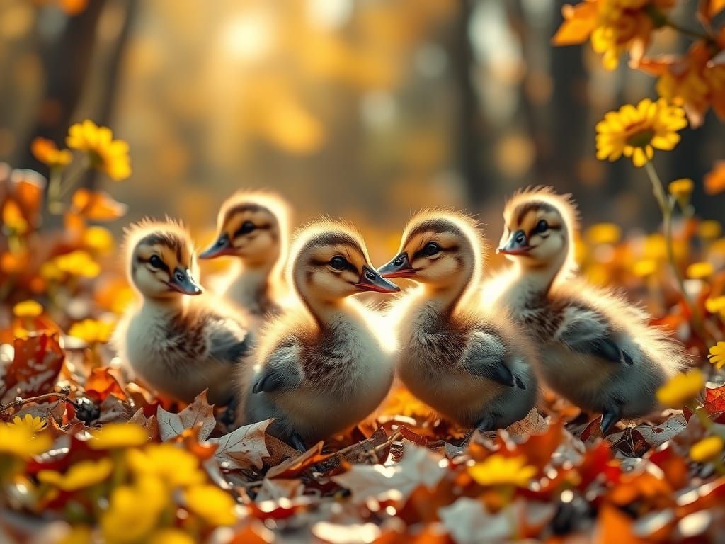 Adorable Ducklings Play in Autumn Leaves
