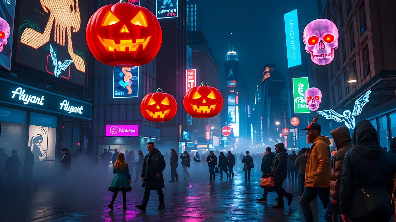 Futuristic Halloween Street Scene in Neon Cityscape