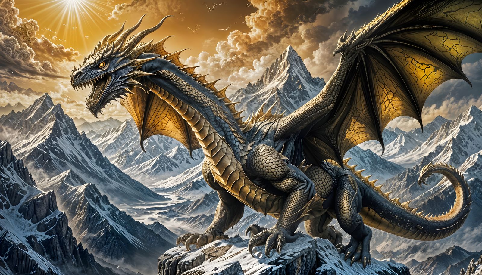 War Dragon Soars Over Majestic Mountains in Golden Light