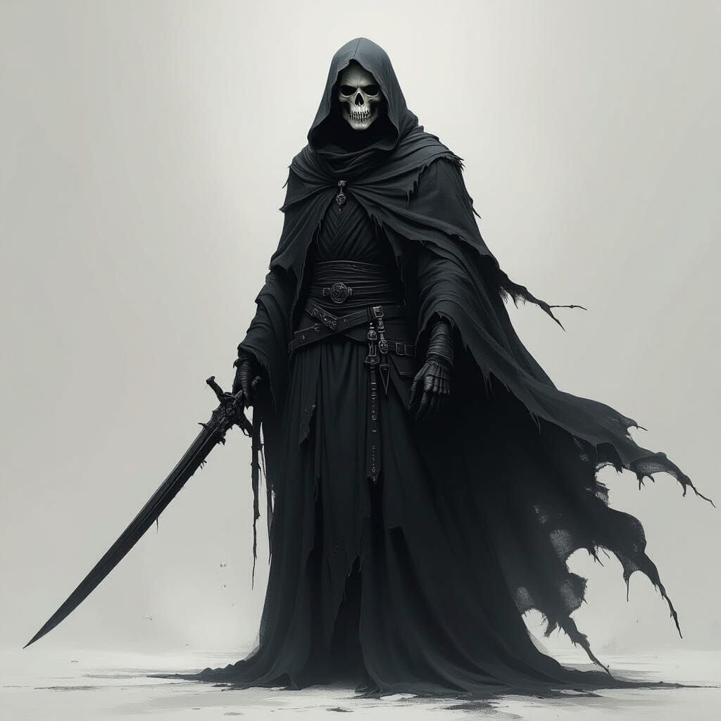 Gothic Dark Figure with Skeleton Face