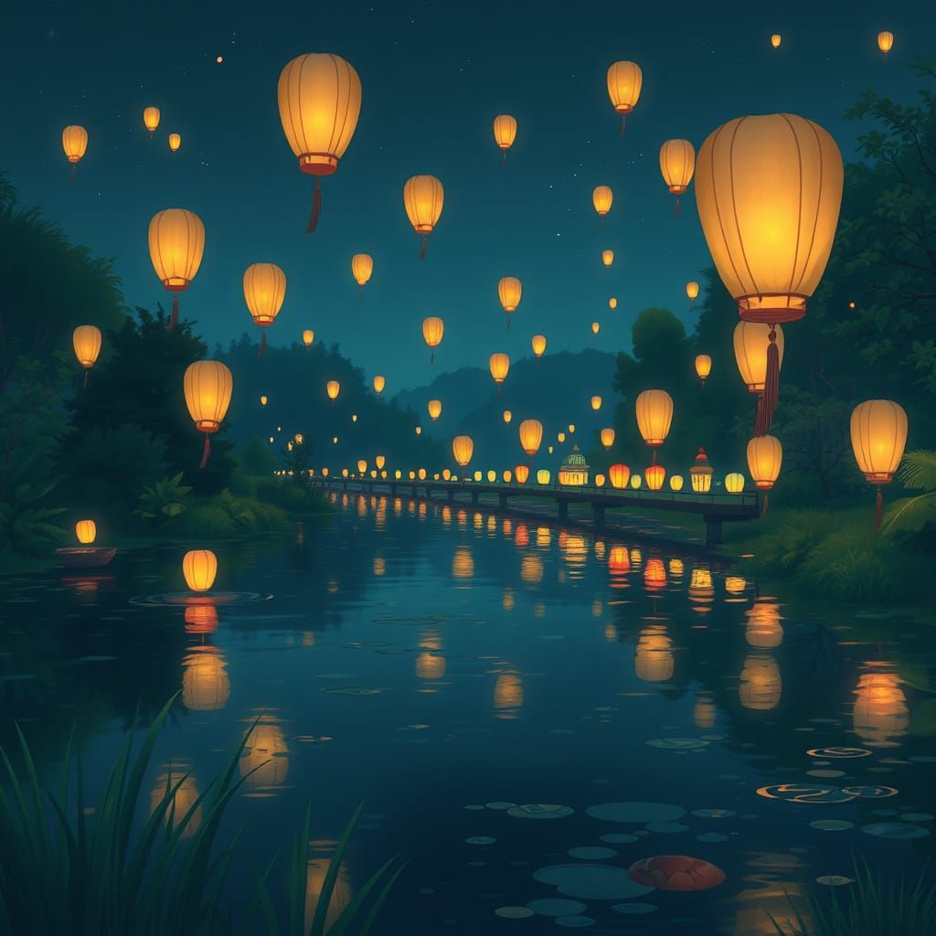 Floating Lanterns on Calm River, Miyazaki Style