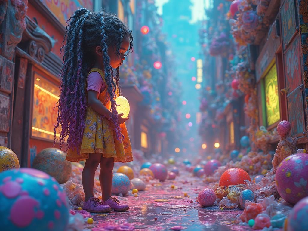 Girl in Melted Plastic Cityscape: Digital Art