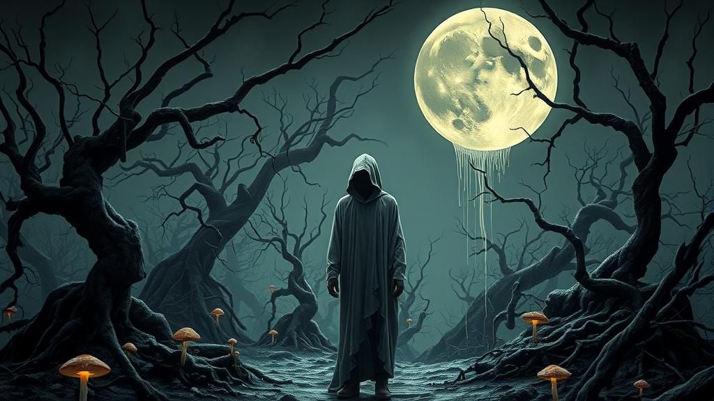 Ethereal Figure in Bioluminescent, Moonlit Forest