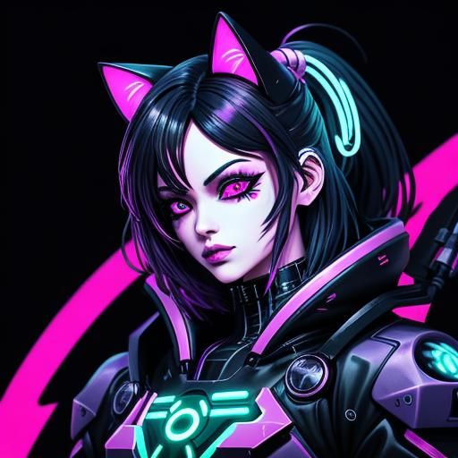 Cyberpunk Anime Cat Girl Figurine in Synthwave Style