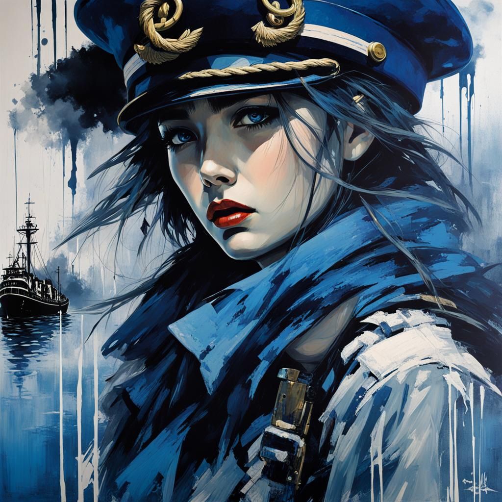 Melancholic Sailor Girl in Blue Post-Apocalyptic Harbour