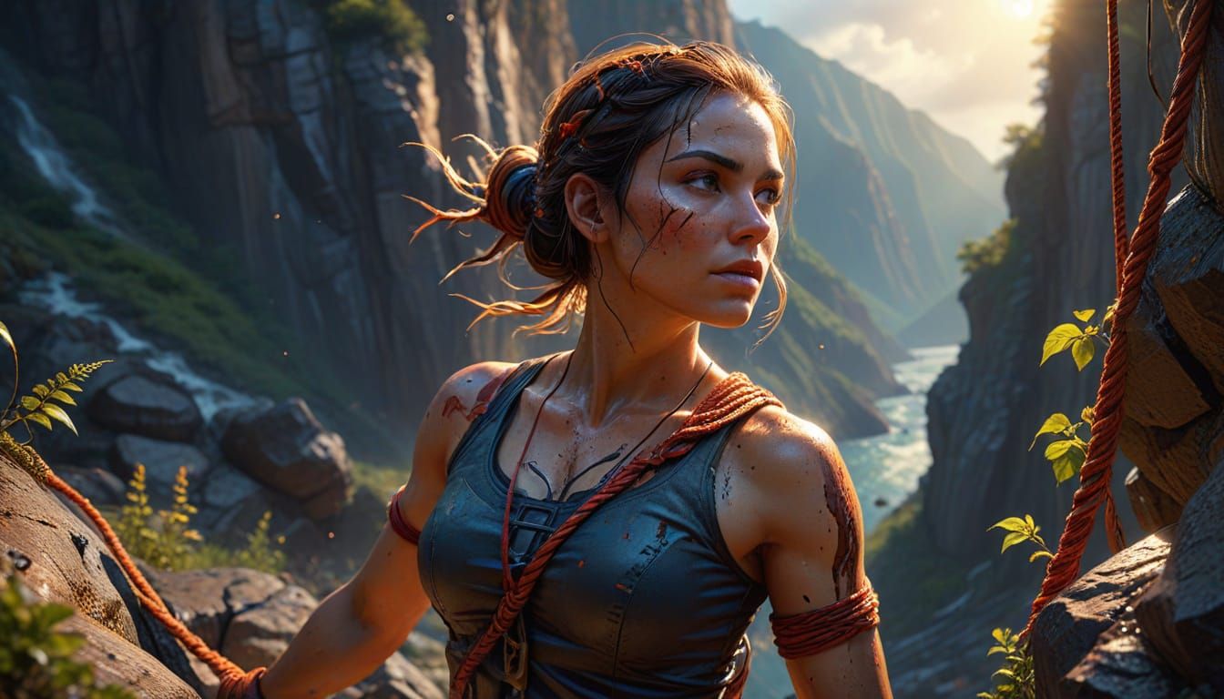 Serene Woman Rappels Down Cliff in Hyperrealistic Concept Ar...