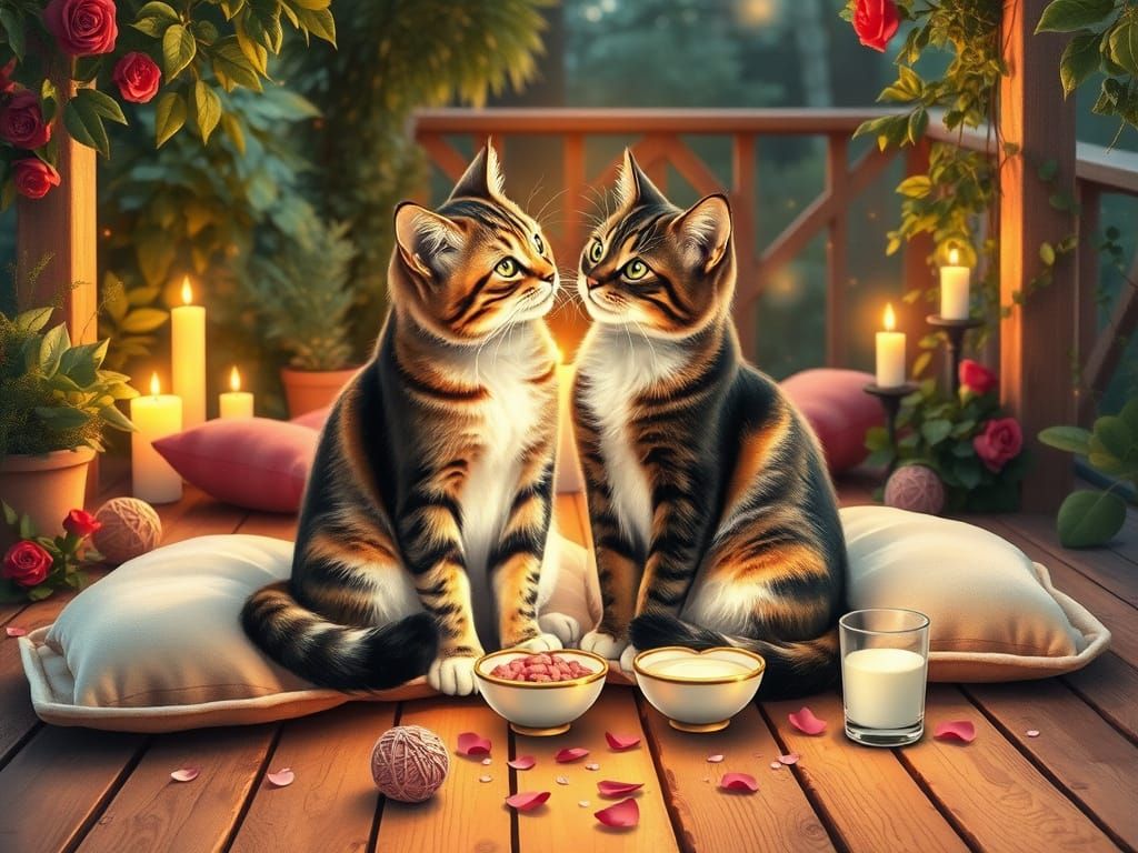 Romantic Feline Duo in Whimsical Garden Scene