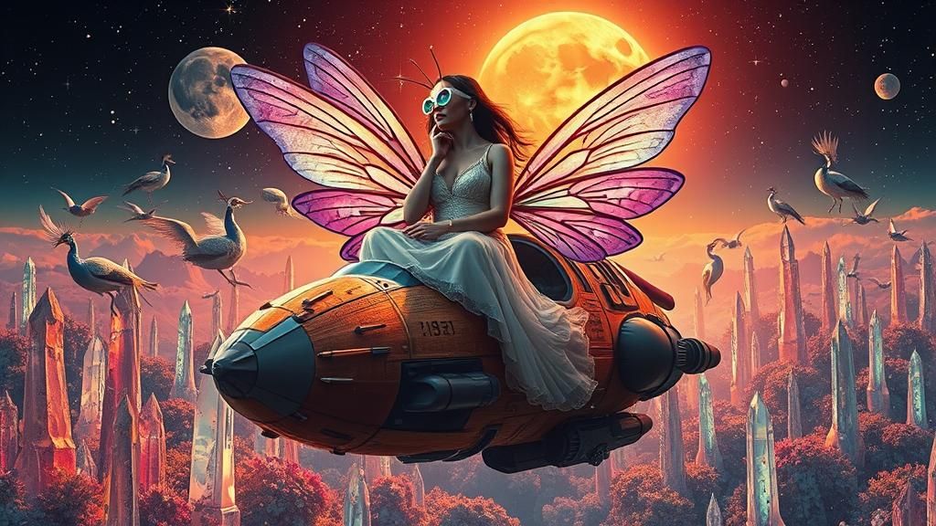 Gossamer Woman on Spaceship in Kaleidoscopic Galaxy