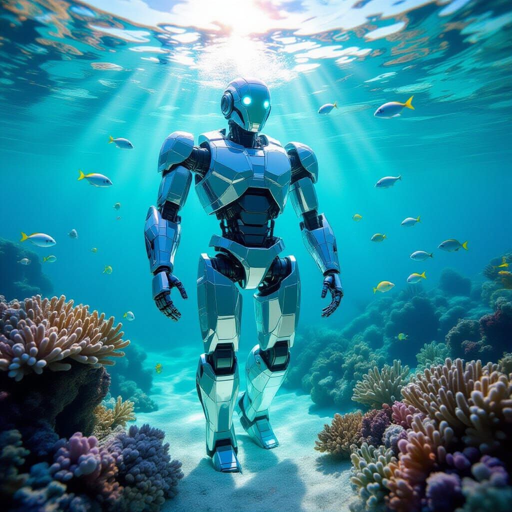 Cyberpunk Robot Sculpture in Ethereal Underwater Scene