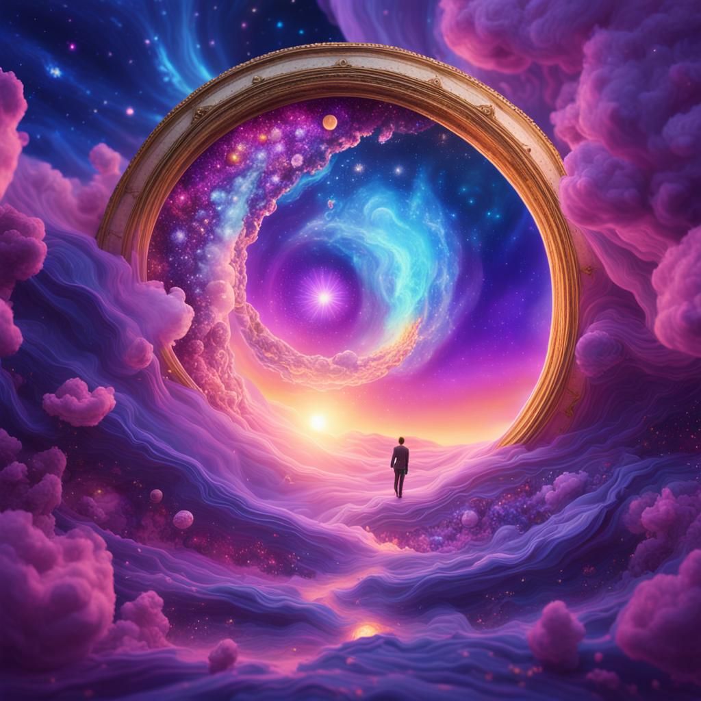 Iridescent Portal Reveals Miniature Cosmos in Surreal Style