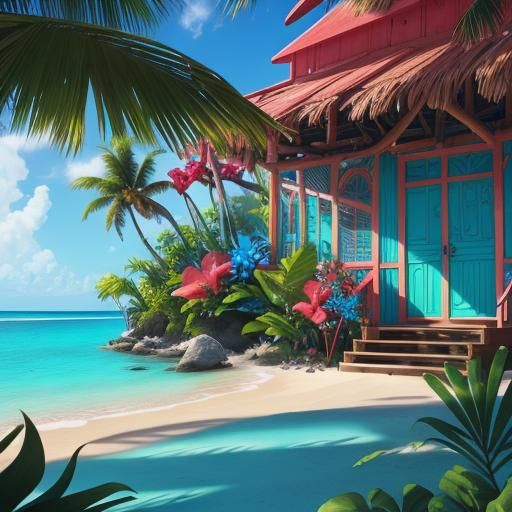 Mystical Beach Hut in Tropical Bahamas: Fantasy Art
