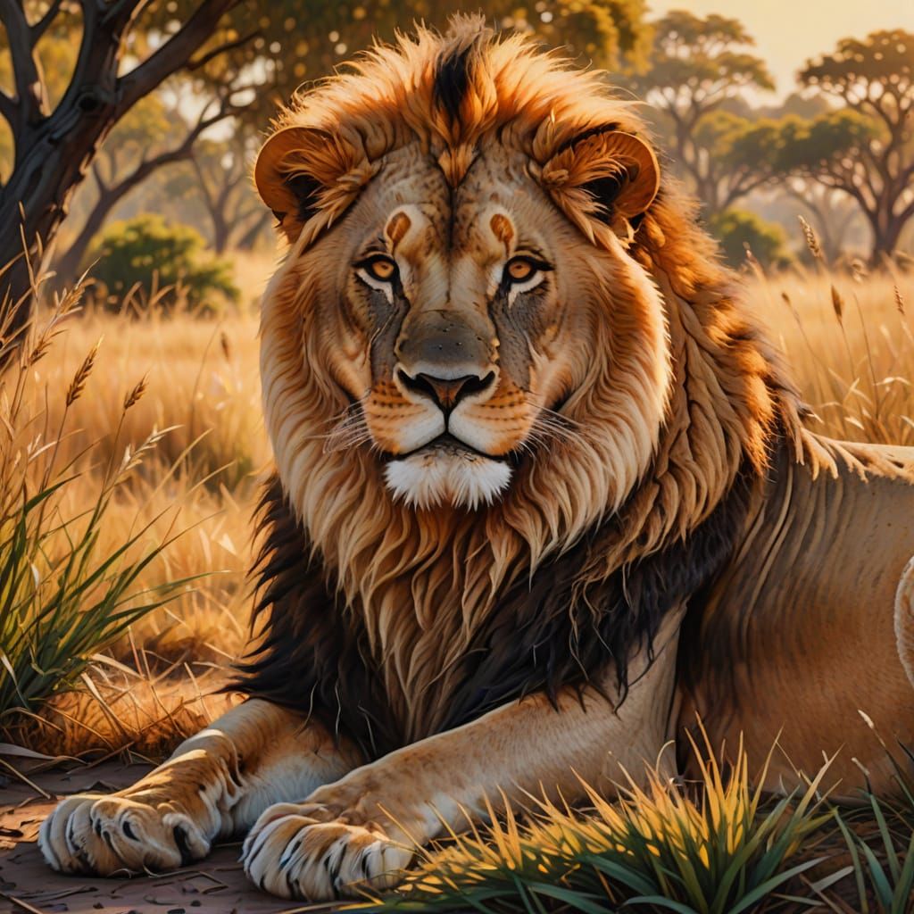 Vibrant Oil Painting of a Lion in the Savannah