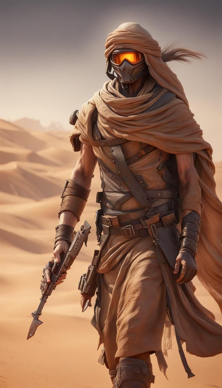 Sandstorm Nomad Warrior in Desert: Digital Art