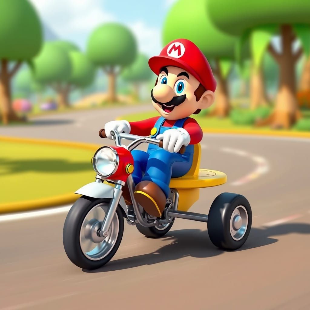 Super mario drives a tricycle, pixar style