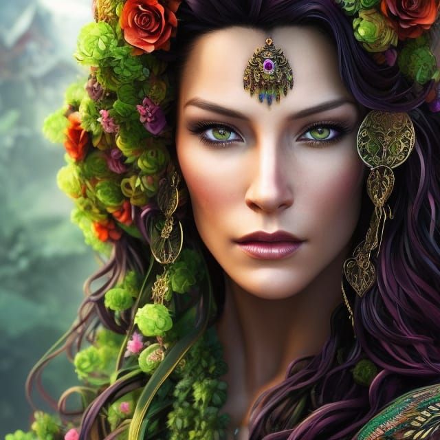 Aztec Jungle Goddess with Sugar Skull - Hyperdetailed Portra...