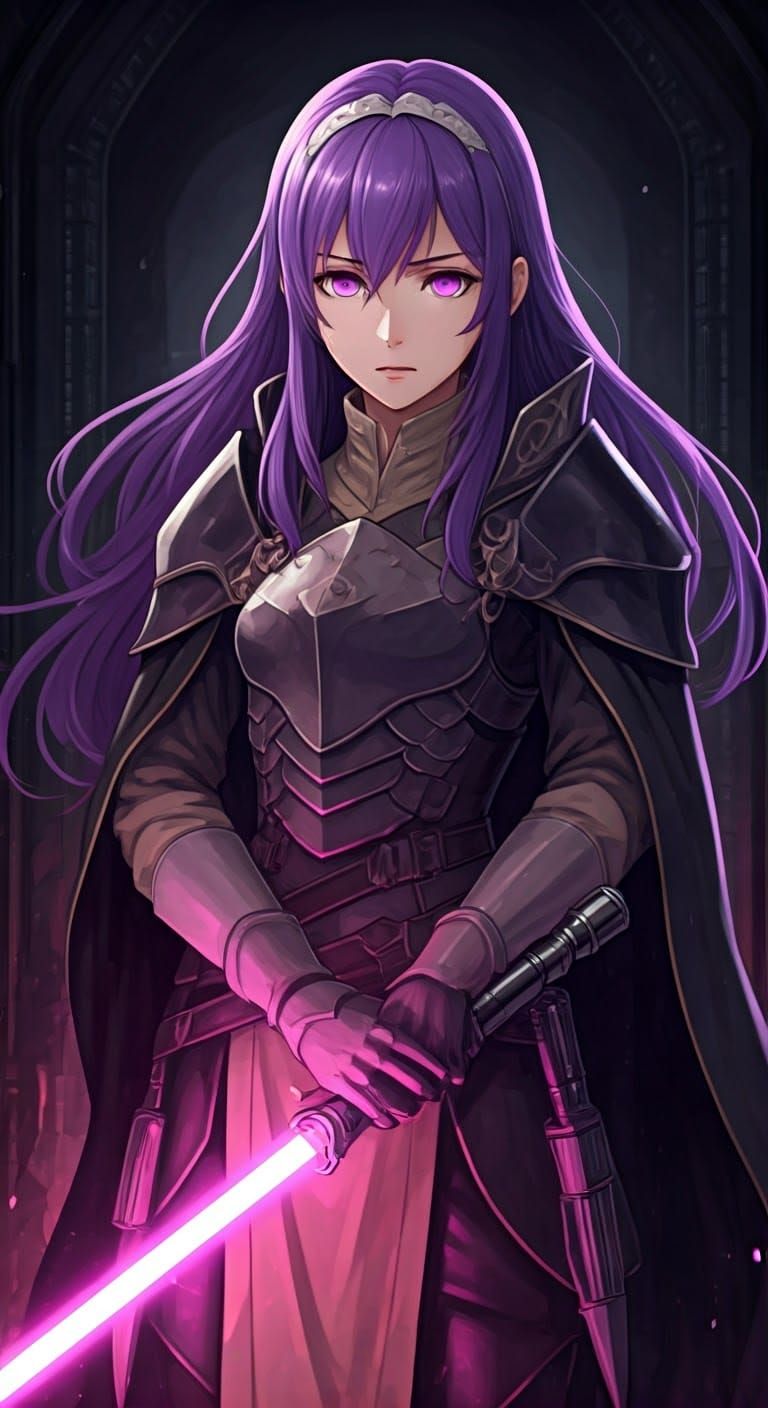 Timid Jedi Girl with Purple Lightsaber in Anime Style