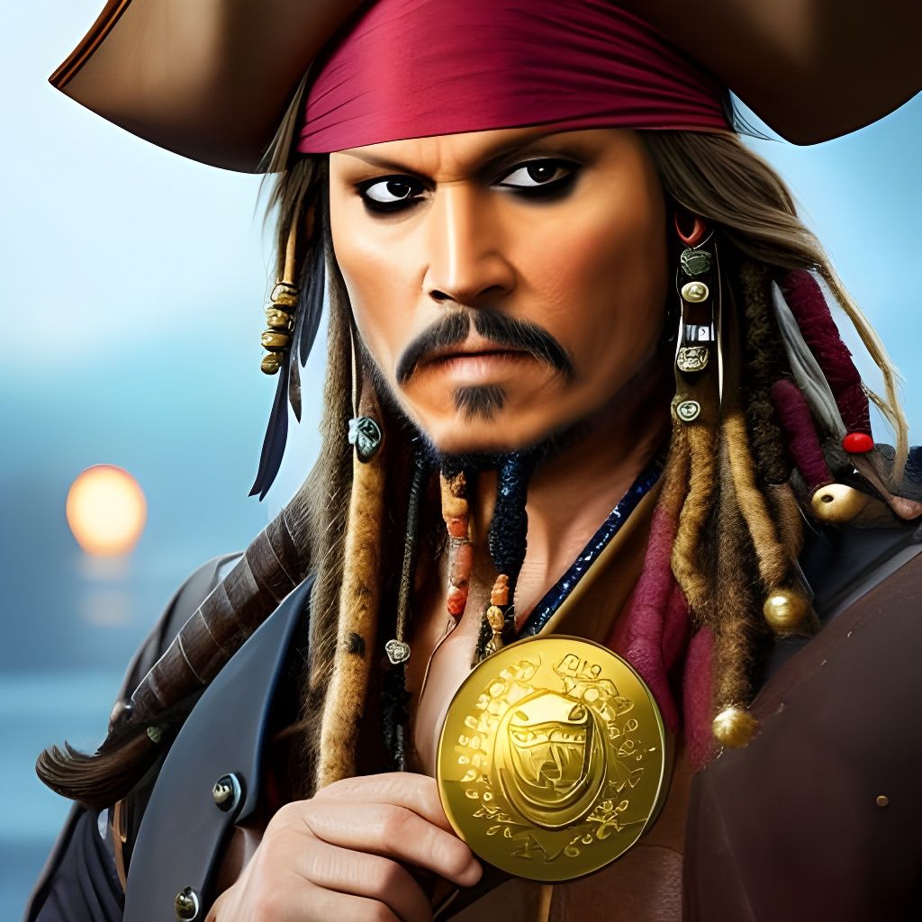 Pirate Holding Coin in Hyperrealistic Style