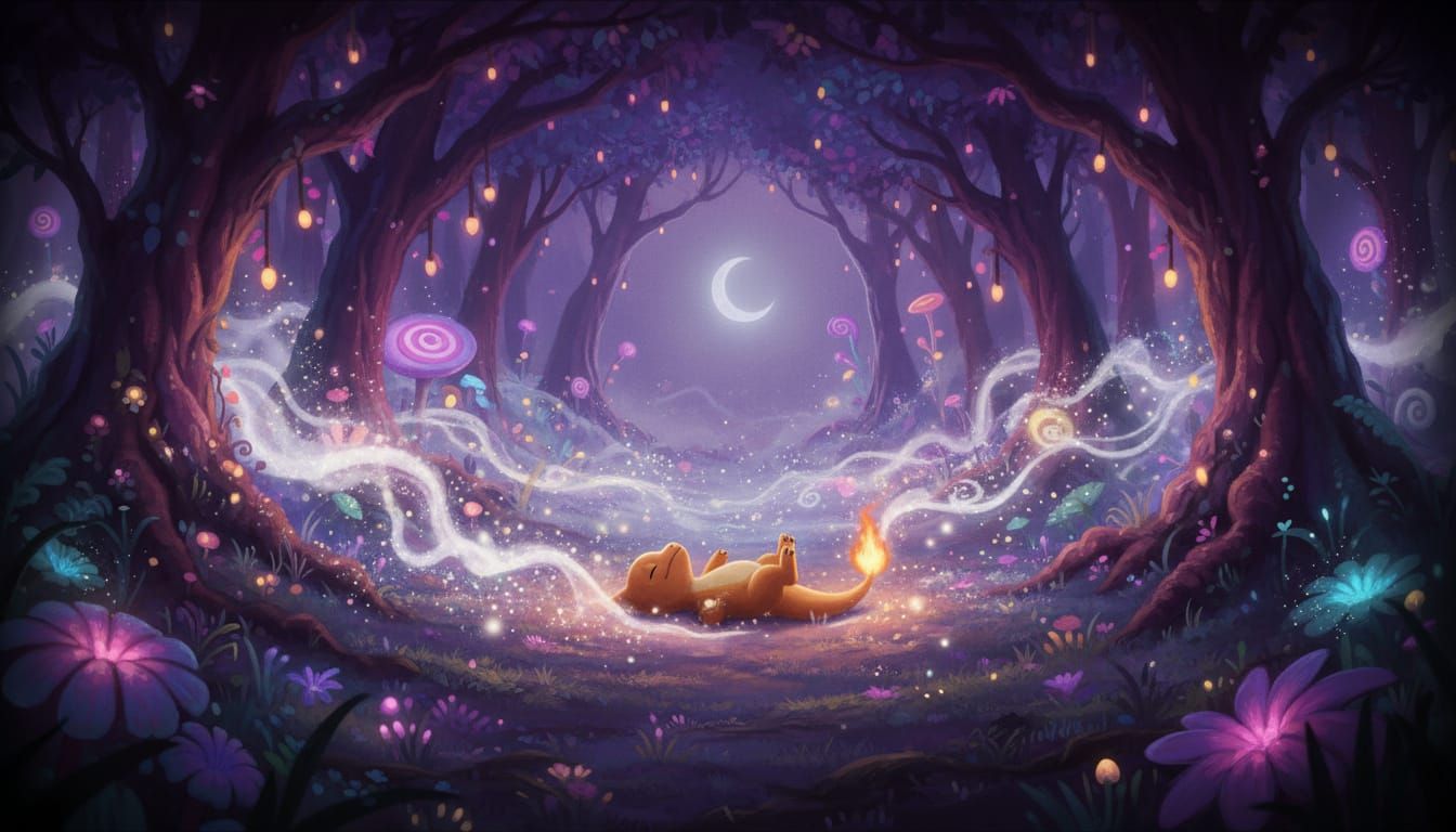Enchanted Forest Night Scene with Sleeping Dragon