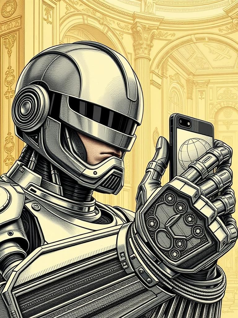 Robocop Selfie: Hyperdetailed Renaissance Line Art