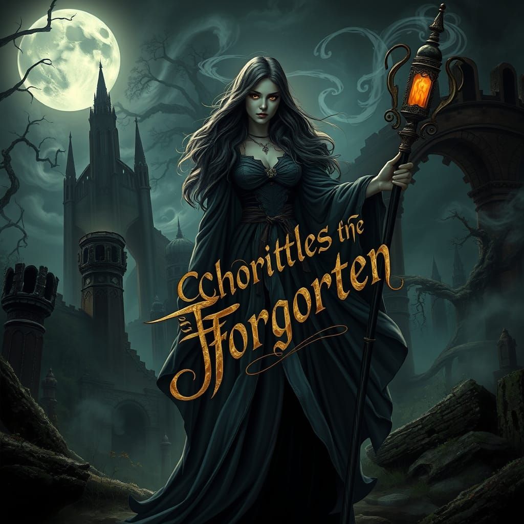 Enchantress in Forest Ruins: An Art Nouveau Image