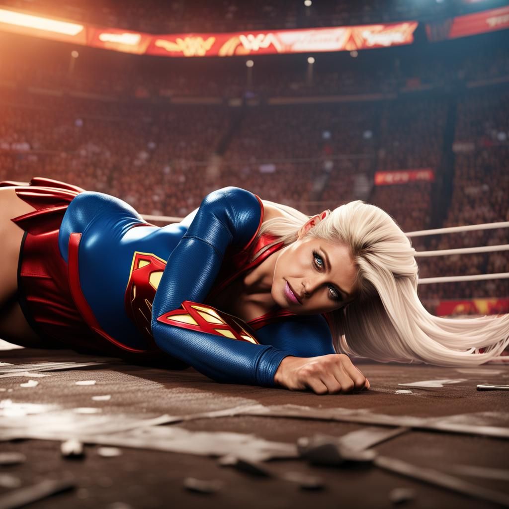 Distressed Supergirl in Wrestling Ring: Detailed Digital Art