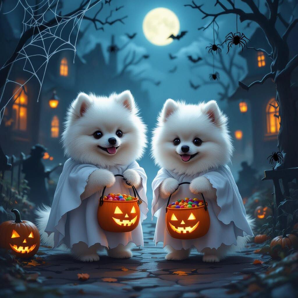 Pomeranians Trick-or-Treating on Haunted Halloween Night
