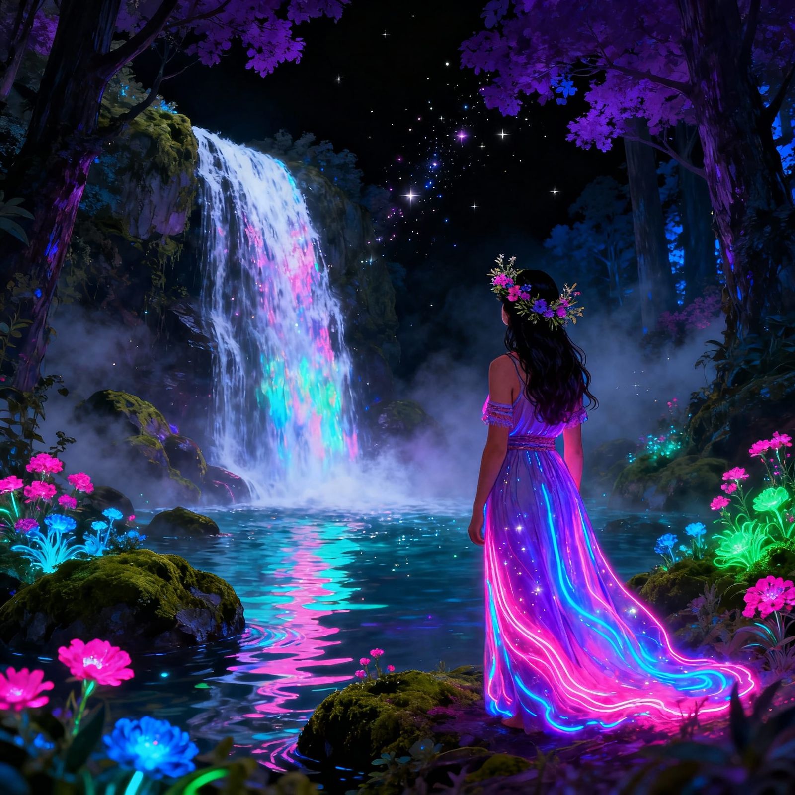Bohemian Woman Faces Neon Waterfall in Magical Forest