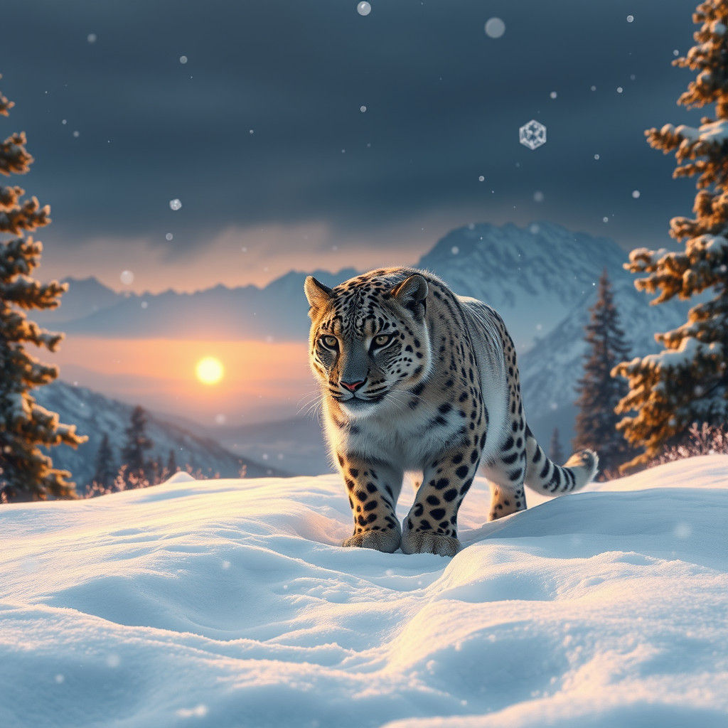 Snow Leopard Hunting in Snowy Mountain Landscape