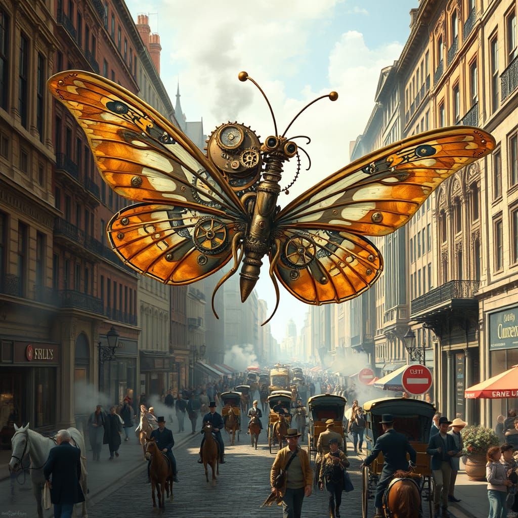 Steampunk Butterfly Automaton in Victorian Cityscape