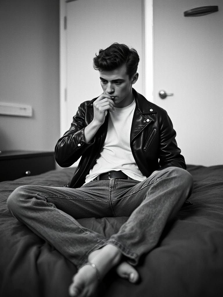 James Dean Style Portrait of a Young Man Playing Harmonica i...