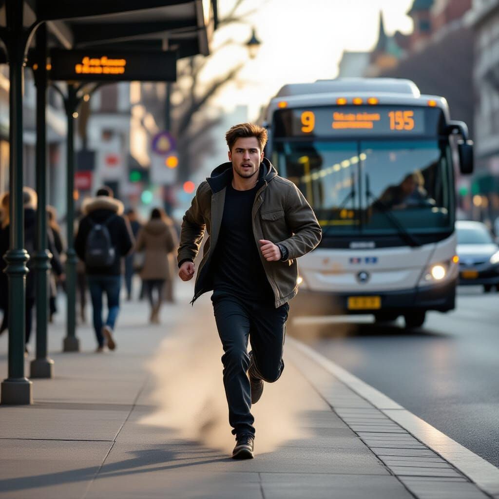 Young Man Rushing to Bus with Cinematic Lighting