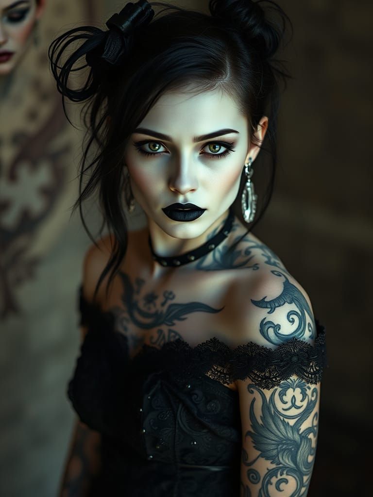 Gothpunk Woman with Tattoos in Dramatic Lighting