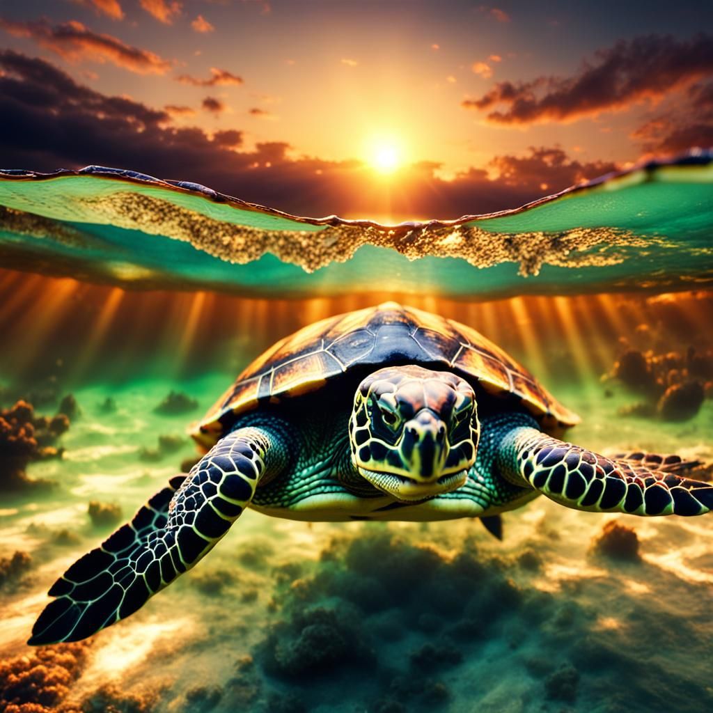 Hyperrealistic Turtle Swimming at Sunset