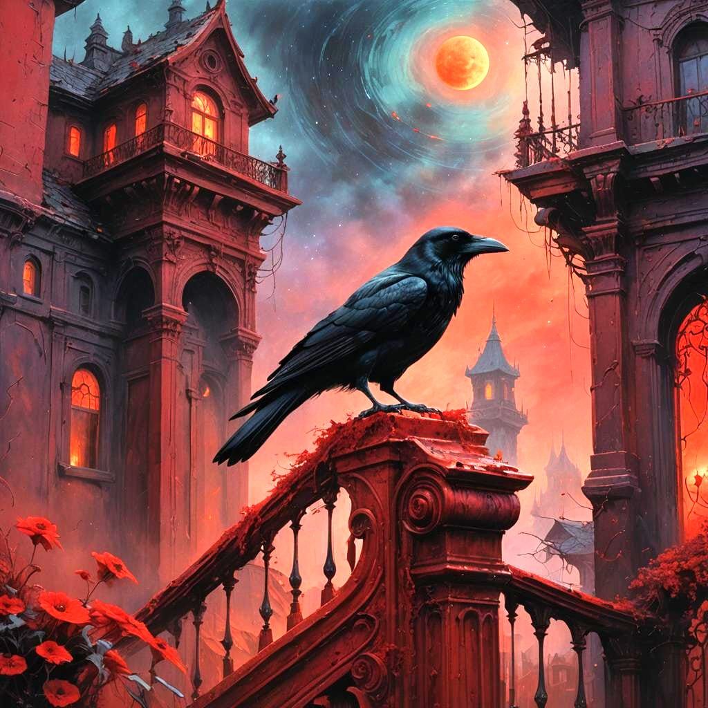 Dark Fantasy Horror House Crow in Galaxy Sky