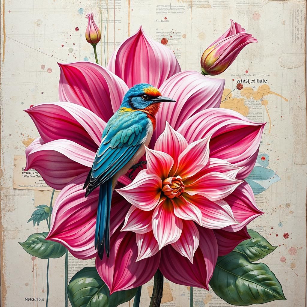 Pink Fantasy Flower with Watercolor Bird in Mixed Media