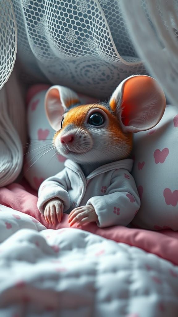 Whimsical Mouse in Lacy Bed, Getting Ready for Sleep