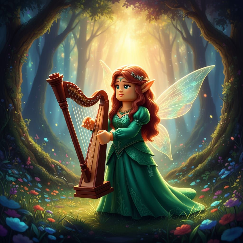 Elven Princess Plays Harp in Sunrise Forest Clearing