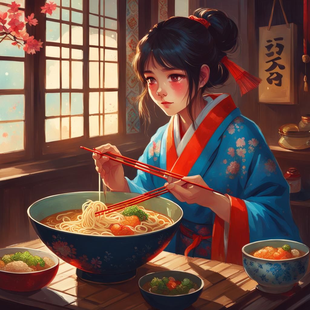 Anime Girl Eating Ramen: Digital Illustration