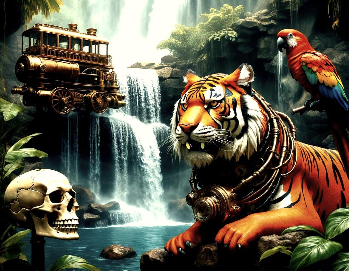 Tiger Beside Steampunk Waterfall with Vibrant Parrots and Sk...