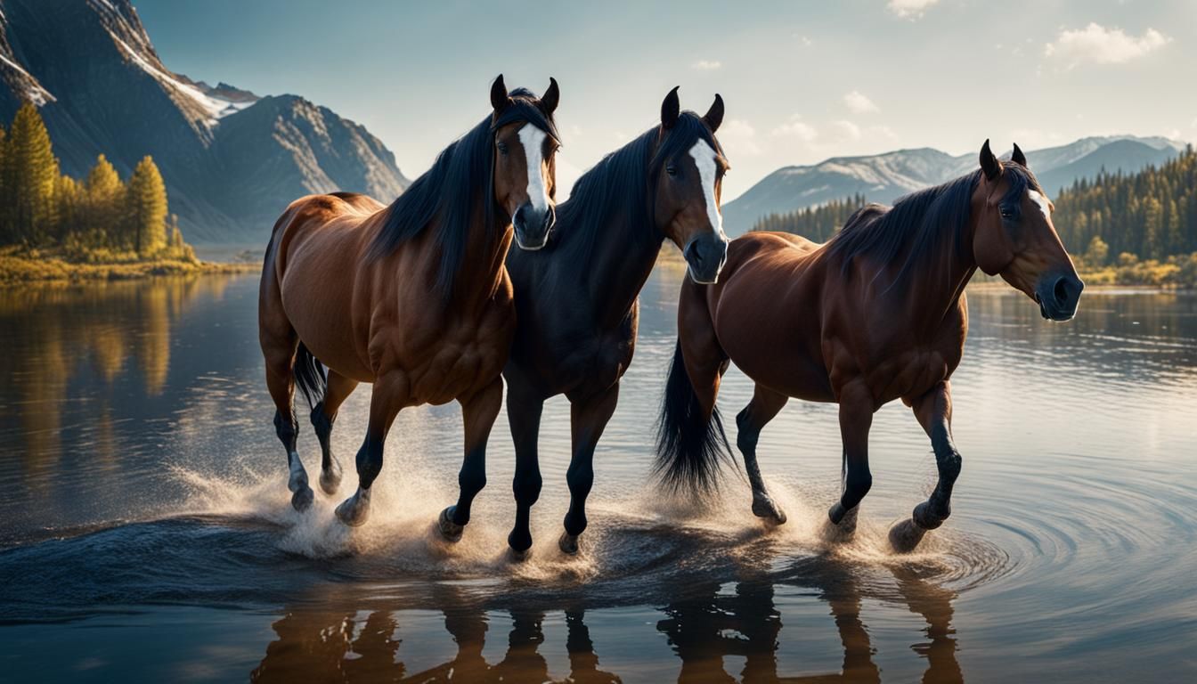 Horses in Lake: Hyperrealistic Cinematic Photography