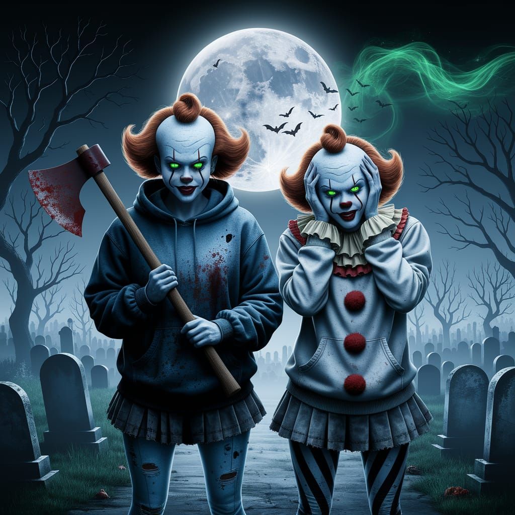 Creepy Clown Figures in Moonlit Graveyard
